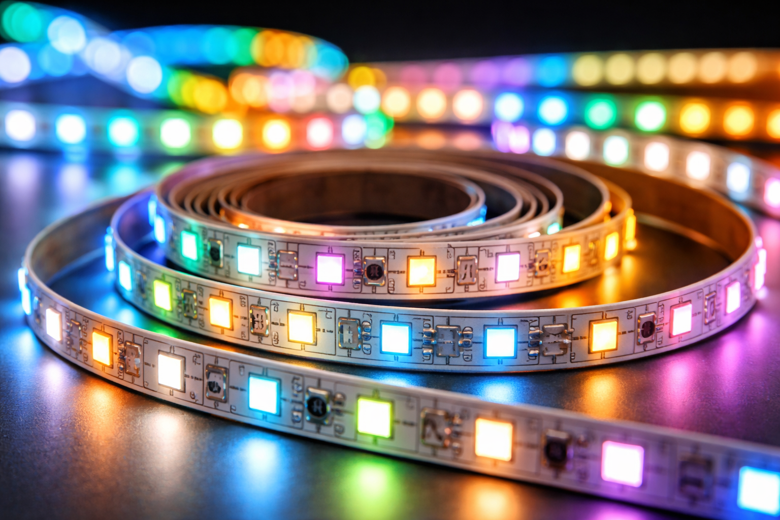Close-up of RGB LED strip lights showing internal components and light segments