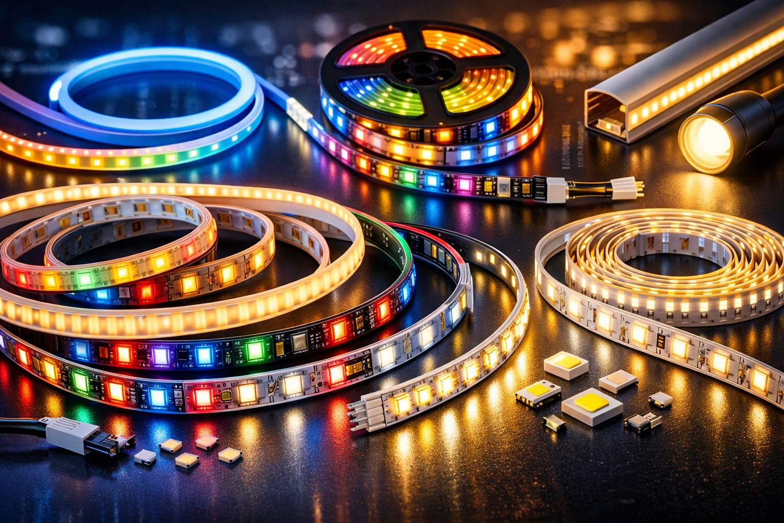 Different types of LED strip lights including RGB, waterproof, and white LED strips