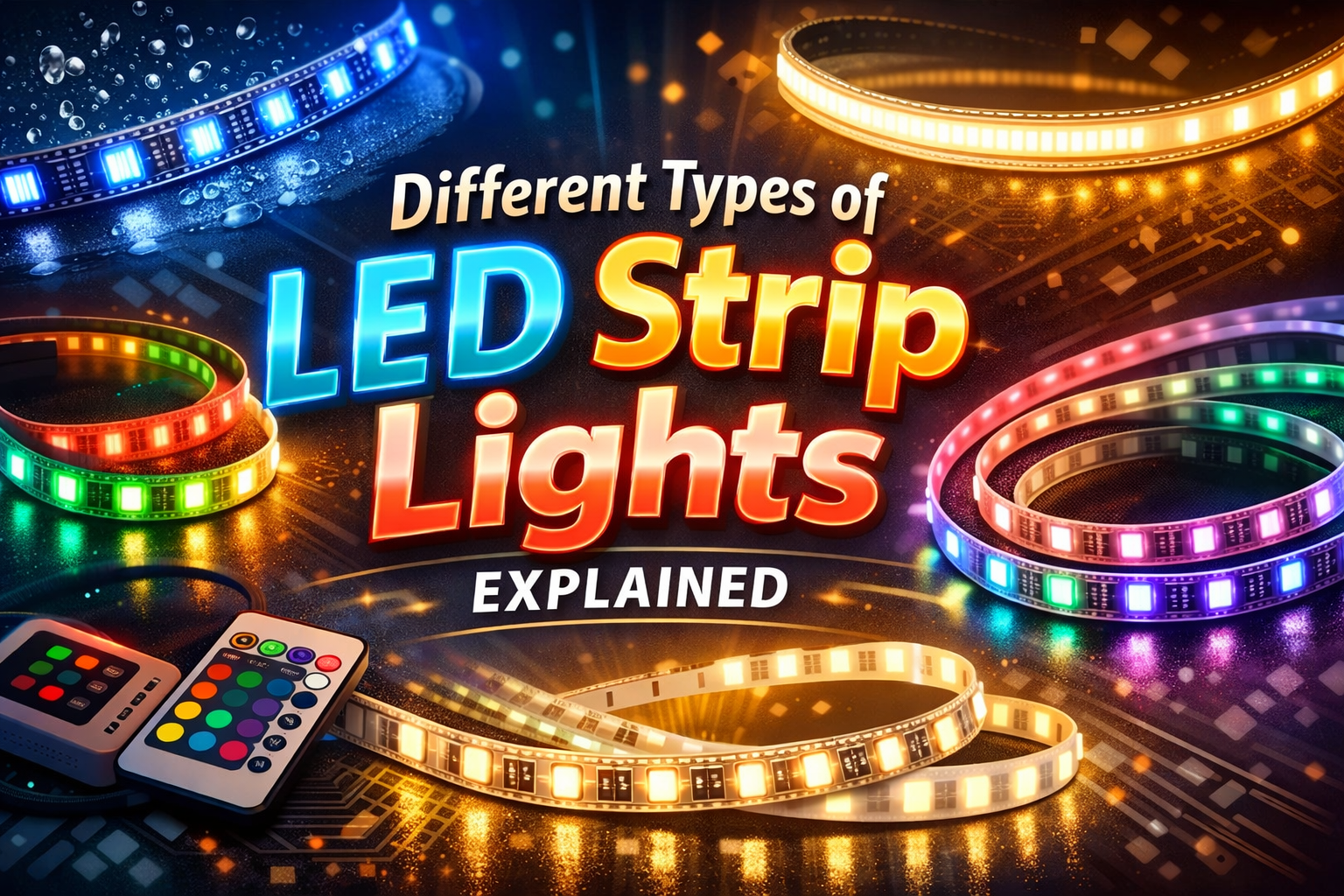 Different types of LED strip lights including RGB, COB, and waterproof LED strips