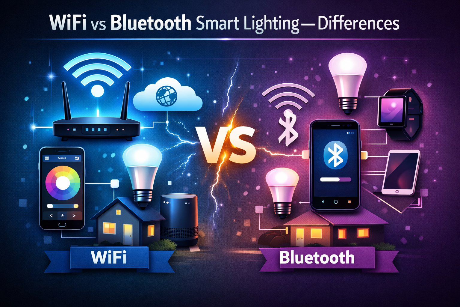 Comparison of WiFi and Bluetooth smart lighting systems with connected bulbs and devices