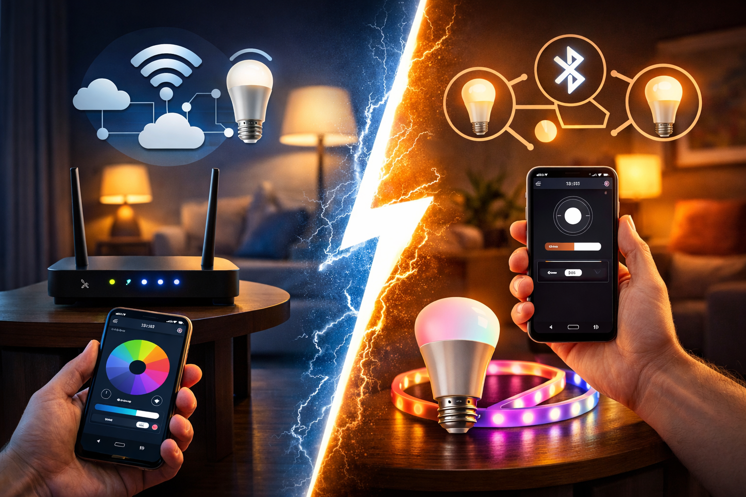WiFi vs Bluetooth smart lighting comparison showing connected LED bulbs and control via smartphone