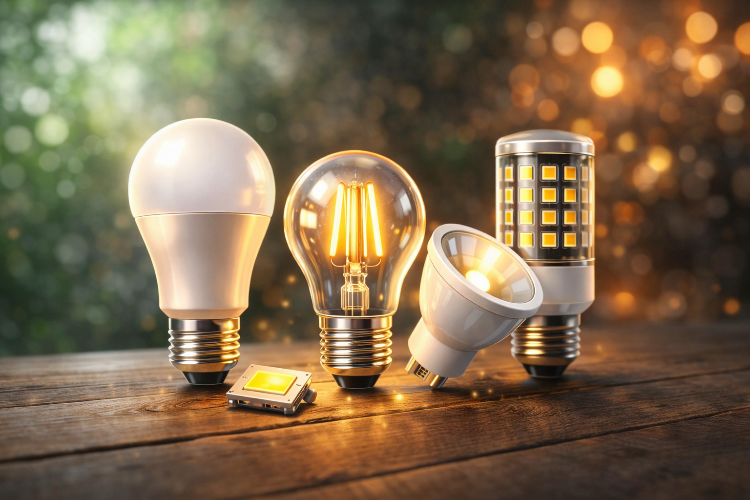 Different types of LED bulbs on a wooden surface.
