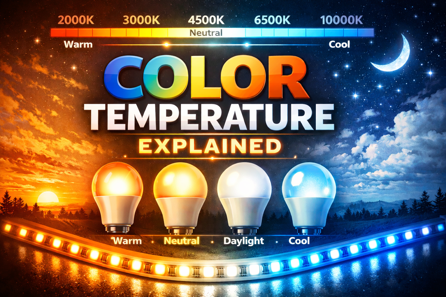 LED color temperature scale showing warm to cool light (Kelvin).