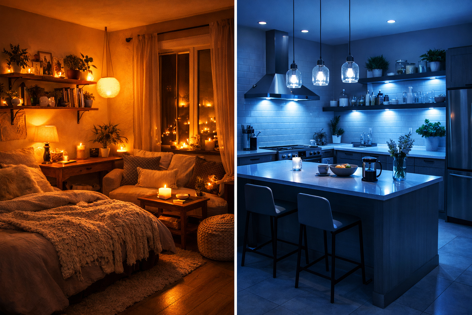 Cozy bedroom with warm LED lighting beside modern kitchen with cool LED lighting.