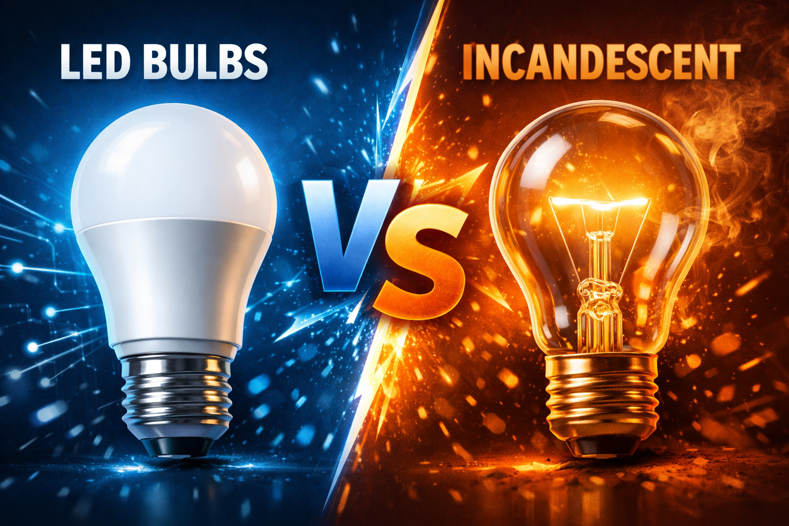 LED Bulbs vs incandescent light bulbs comparison with blue and orange split background.