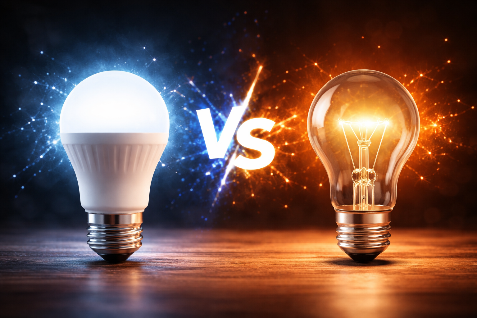 LED Bulbs vs incandescent light bulbs comparison with cool white LED glow and warm filament lighting