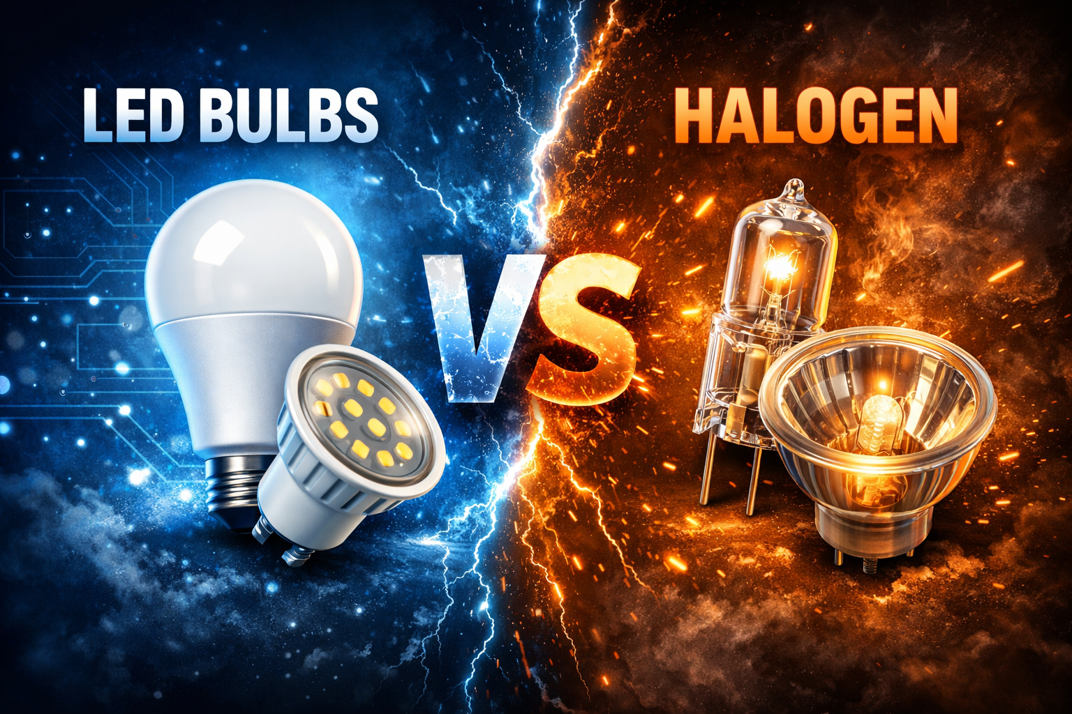 LED bulbs vs halogen bulbs comparison showing modern LED and halogen spotlight lamps.
