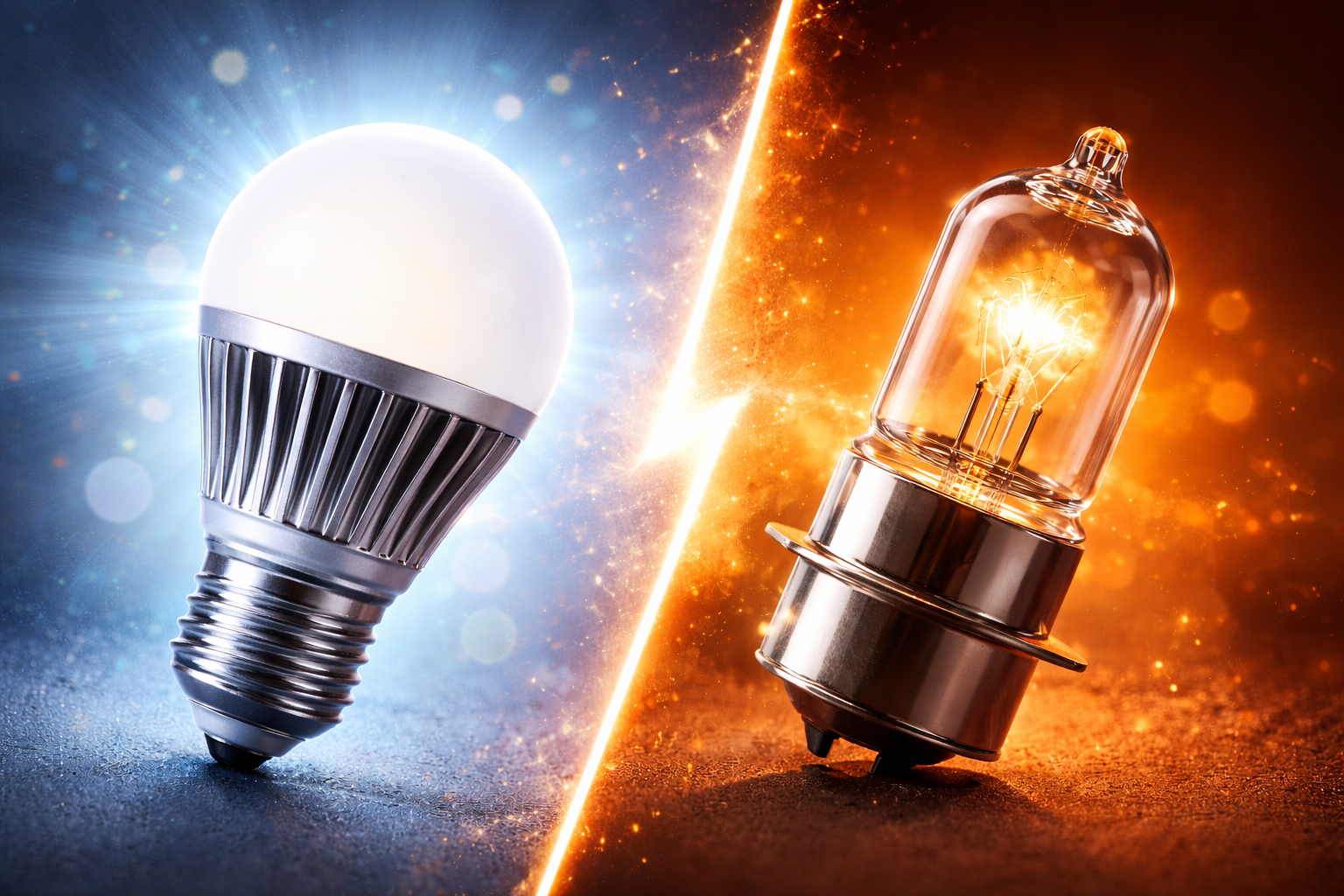 LED vs halogen light bulb comparison with cool and warm glow