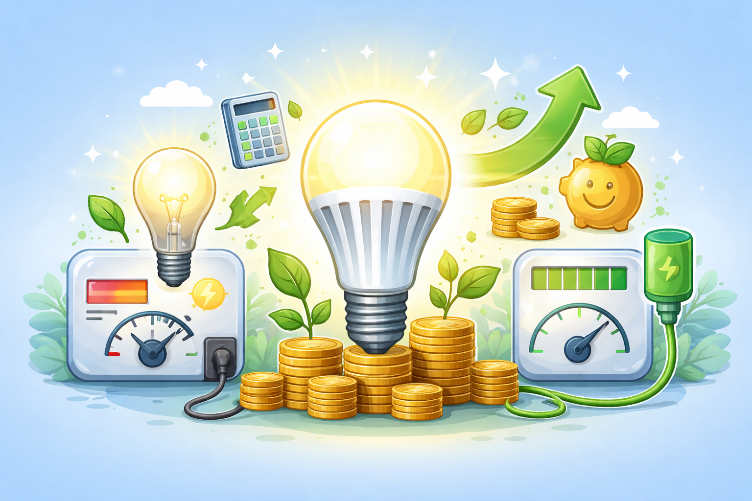 LED light bulb energy savings illustration with coins and eco icons.