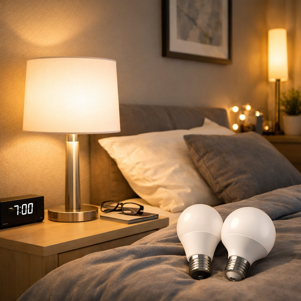 Cozy bedroom lit by warm LED bedside lamp with energy-efficient LED bulbs