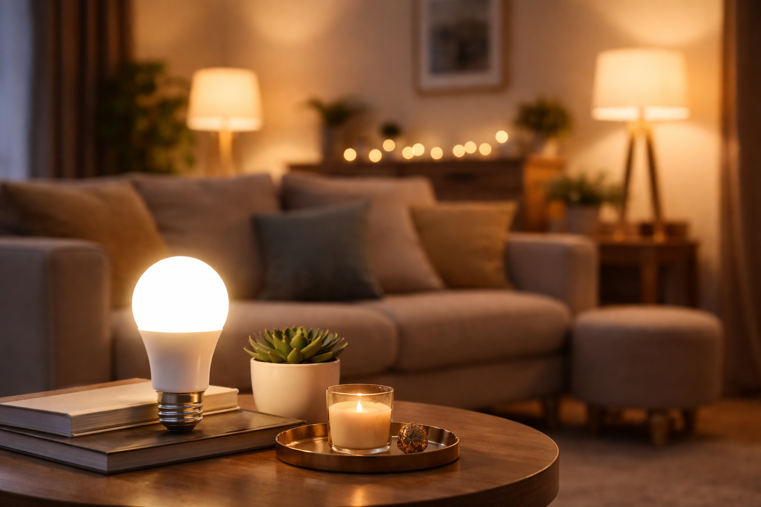 Cozy living room illuminated by a warm LED bulb on a coffee table