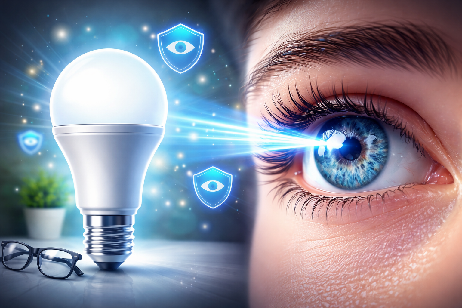 LED light bulb shining toward a human eye, blue light exposure concept