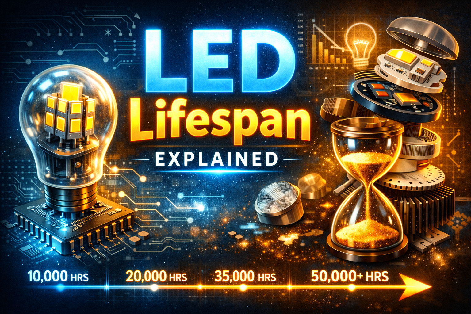 LED bulb lifespan infographic with hourglass and circuit board showing long-lasting lighting.