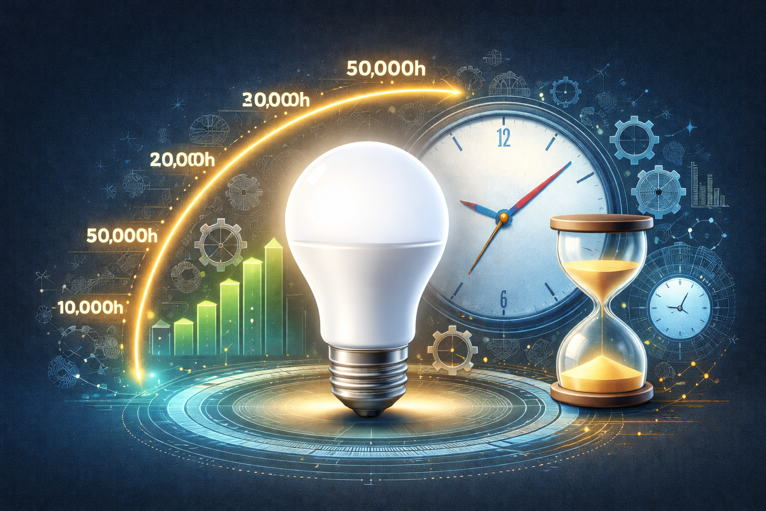 LED light bulb lifespan concept with clock and hourglass