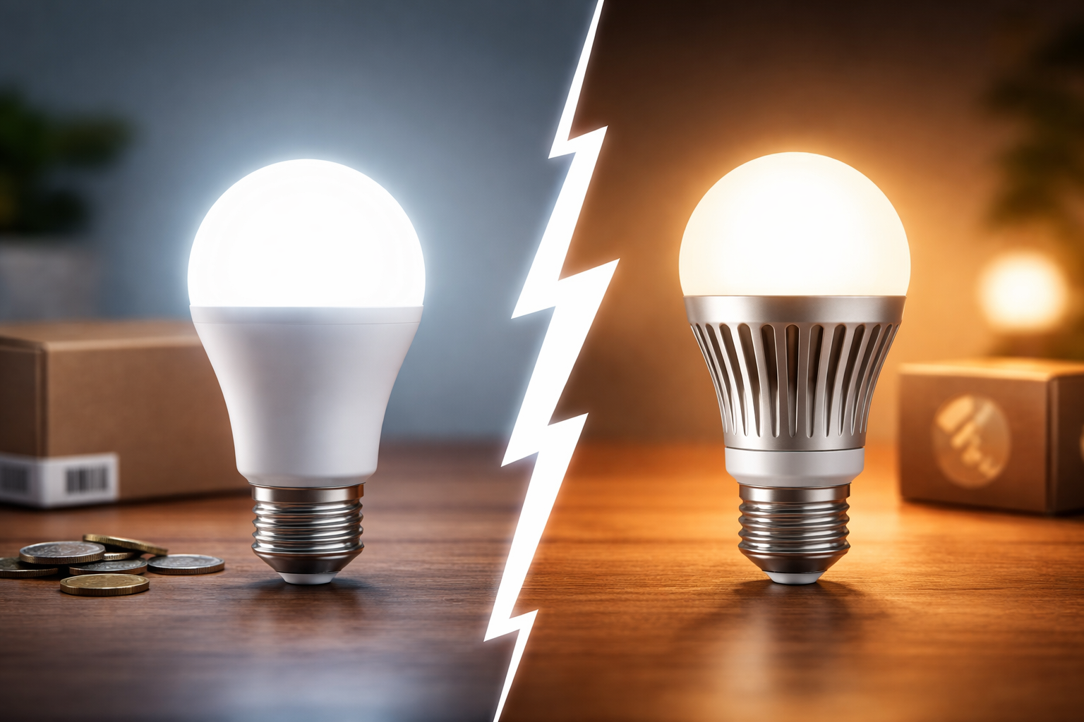 Cheap vs premium LED bulbs comparison on a table