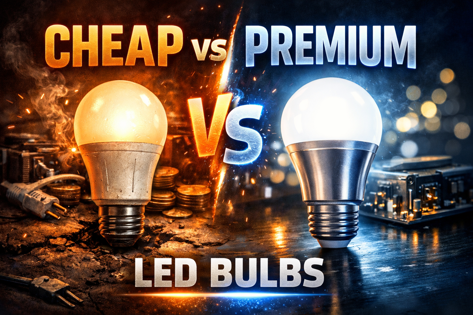 Cheap vs premium LED bulbs side-by-side comparison showing build quality and brightness