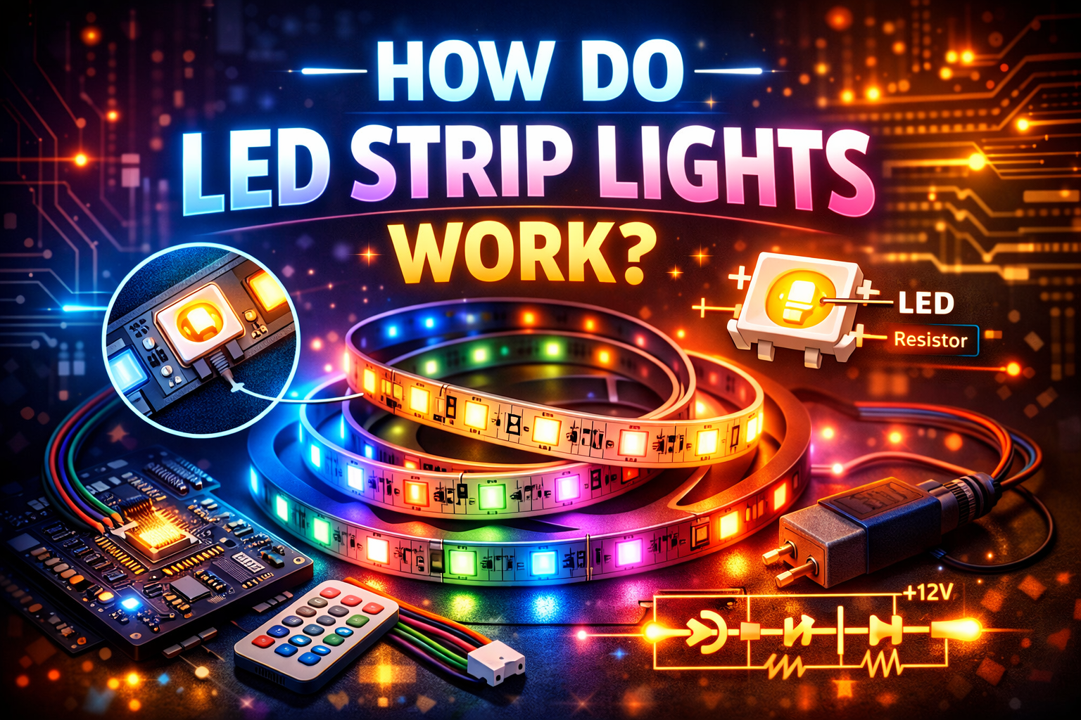 How LED strip lights working diagram with controller and 12V power supply