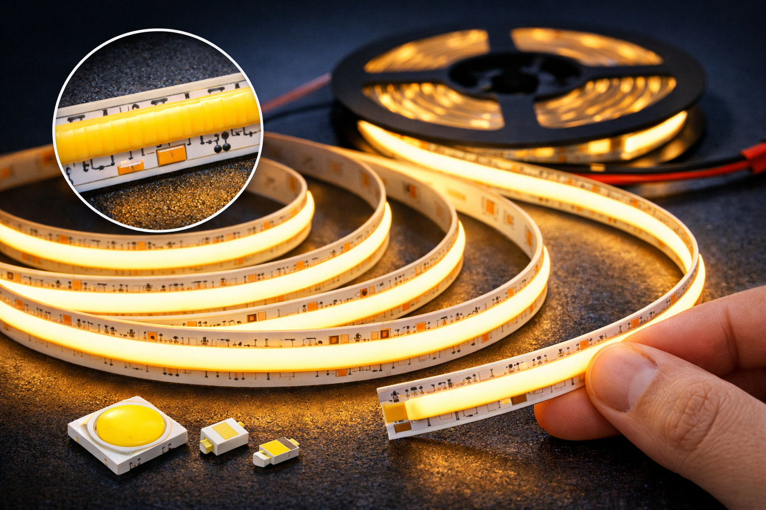 COB LED strip lights close-up showing dot-free continuous glow