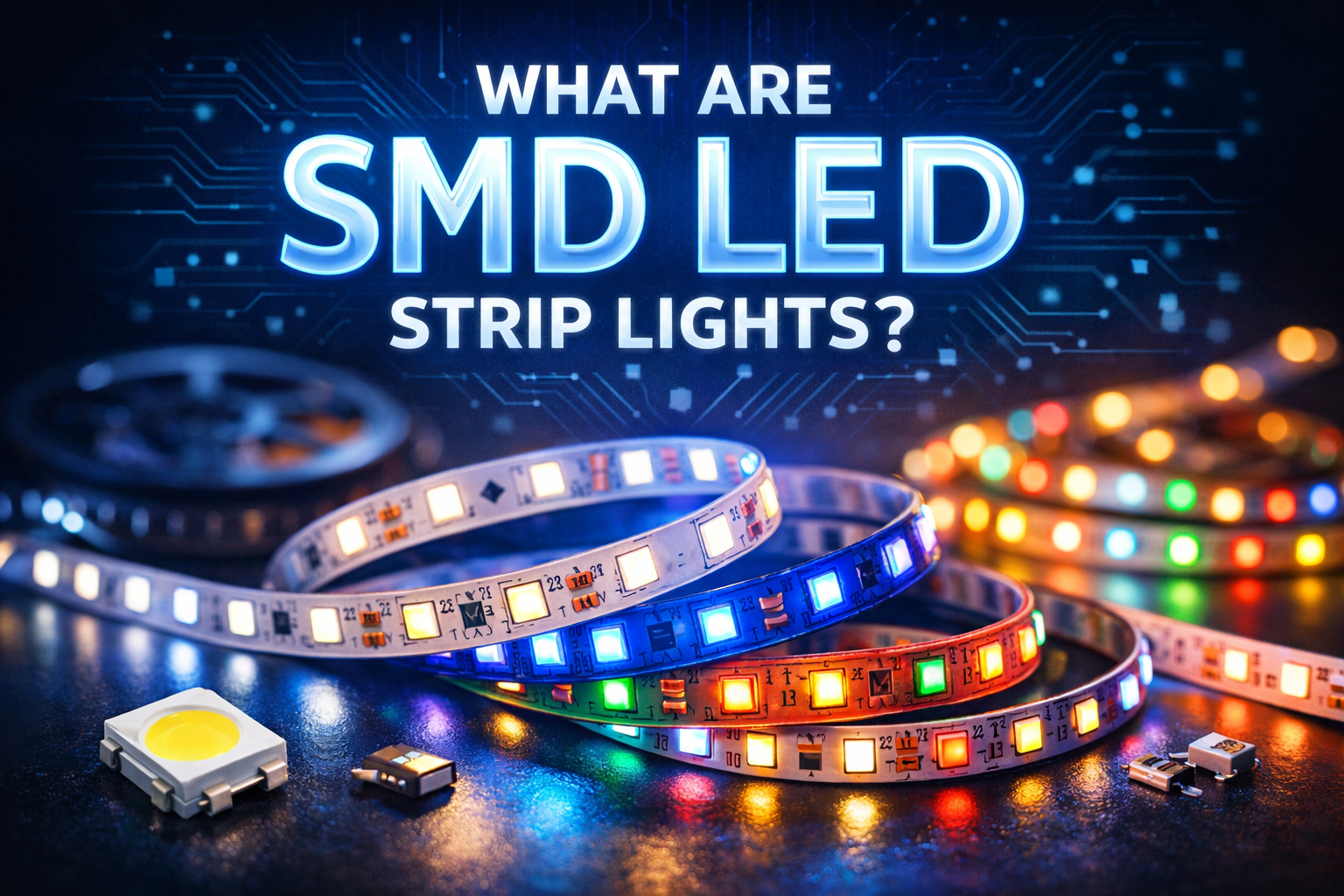 SMD LED strip lights close-up with glowing chips on a circuit-style background.