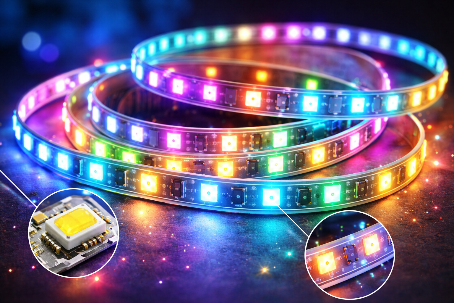 Close-up of SMD LED strip lights with visible surface-mount chips and colorful glow