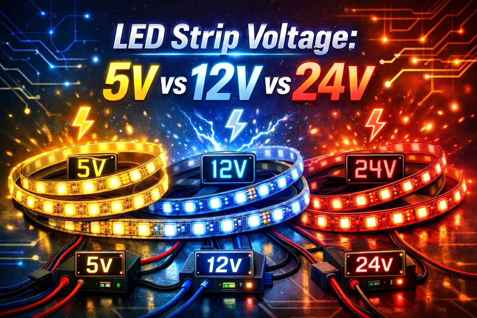 LED strip voltage comparison showing 5V, 12V and 24V LED light strips