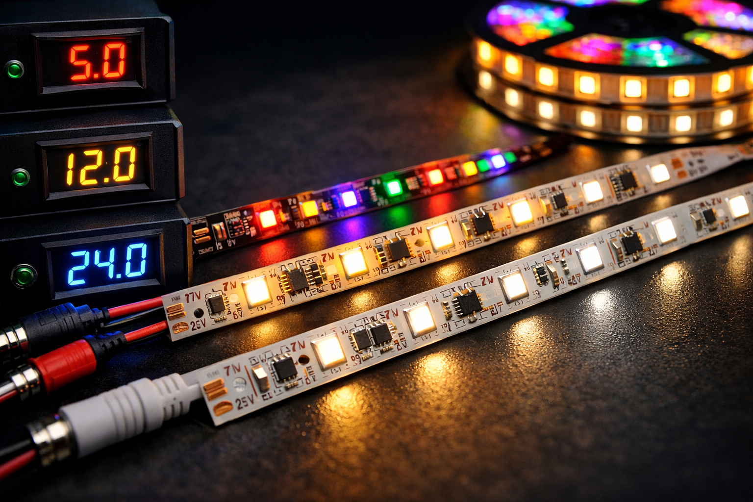 LED strip voltage comparison showing 5V, 12V, and 24V LED strips illuminated