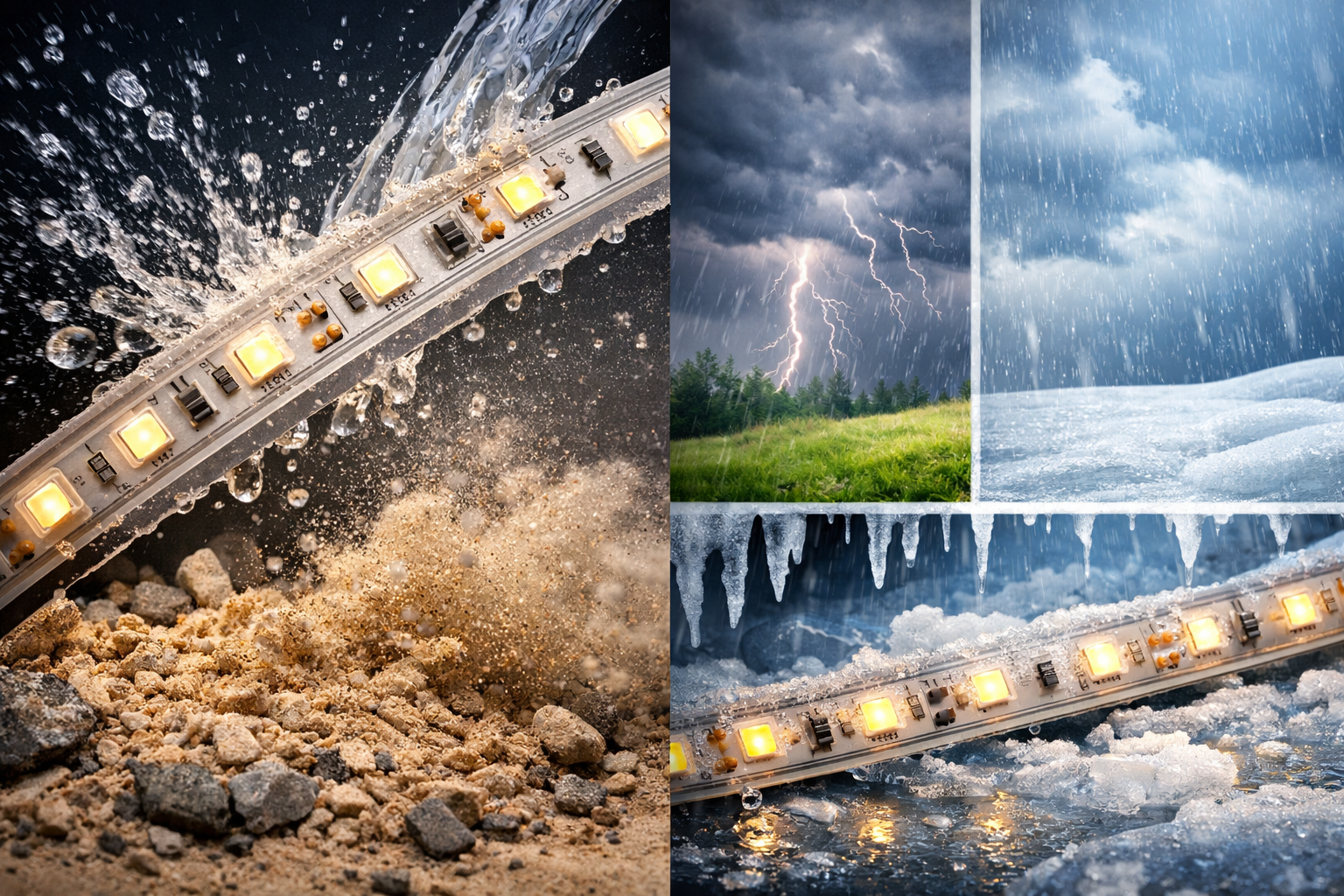 Waterproof IP rating for led strips LED strip exposed to water, dust, rain, and ice showing IP protection levels