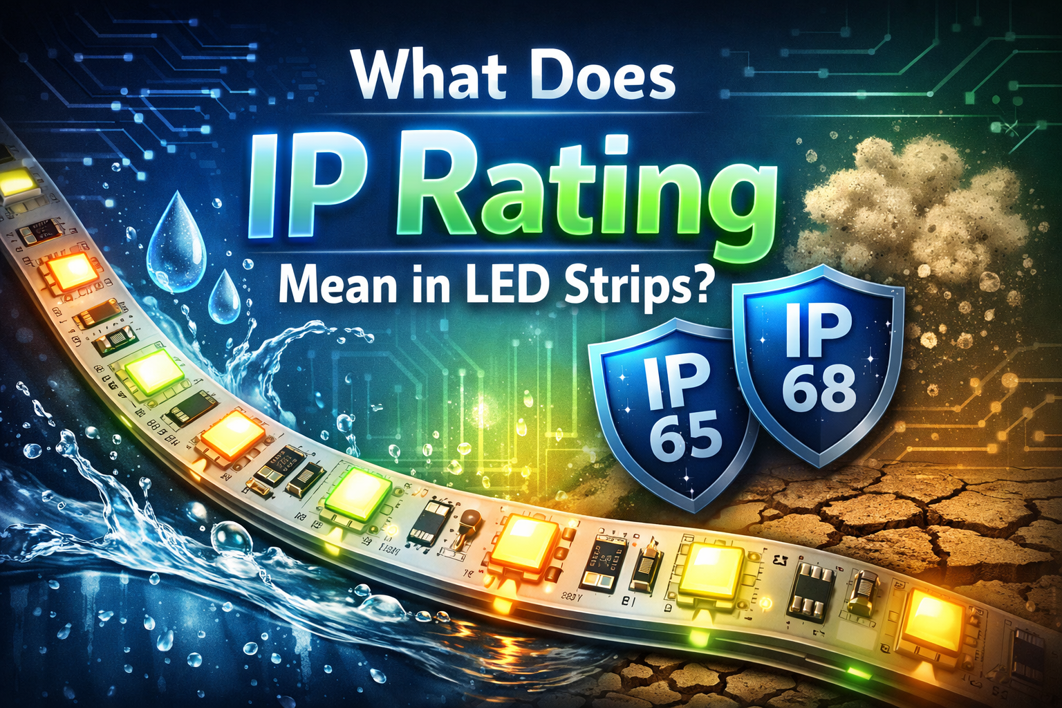 IP rating for led strips chart showing waterproof LED strip with IP65 and IP68 protection
