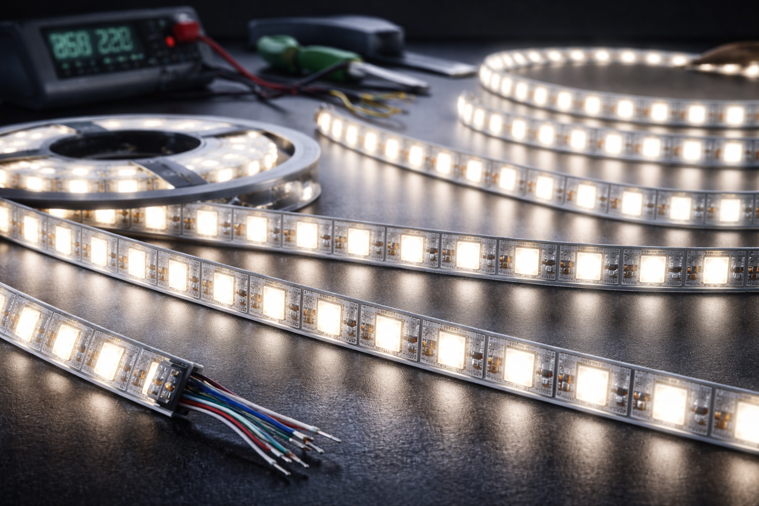 High-brightness LED strip lights on workbench