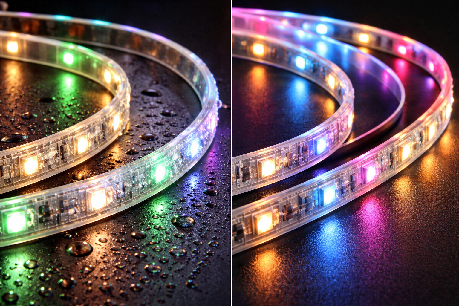Waterproof vs non-waterproof LED strip lights comparison showing silicone coating and exposed LEDs