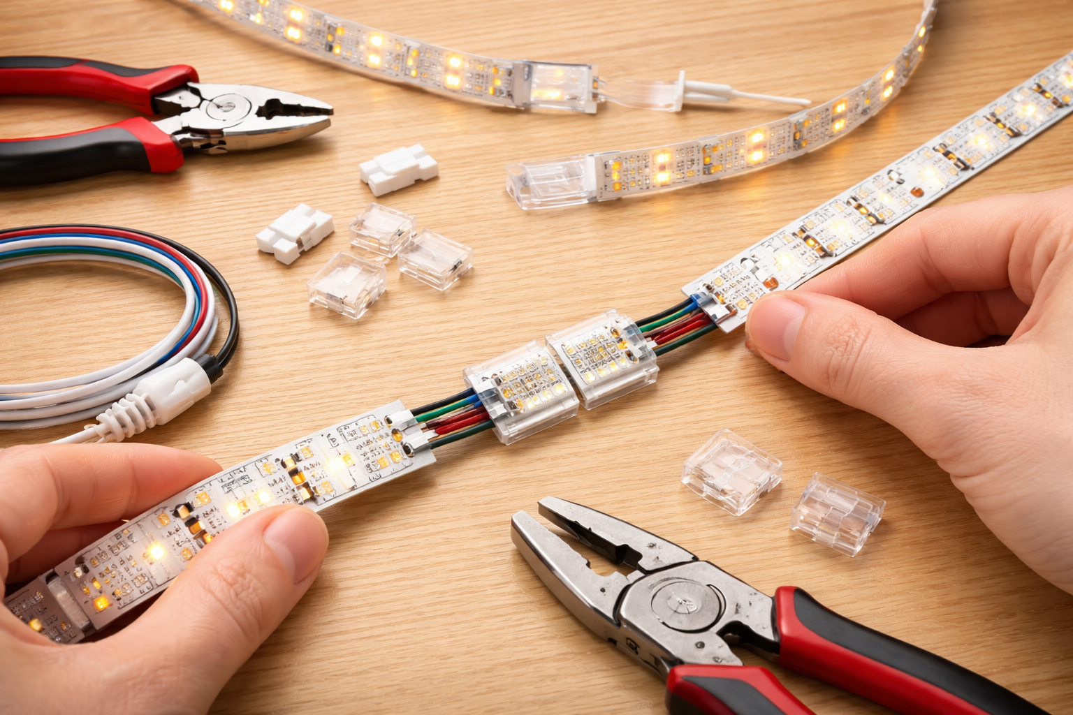 How to connect LED strip lights sections with clip connectors and wiring