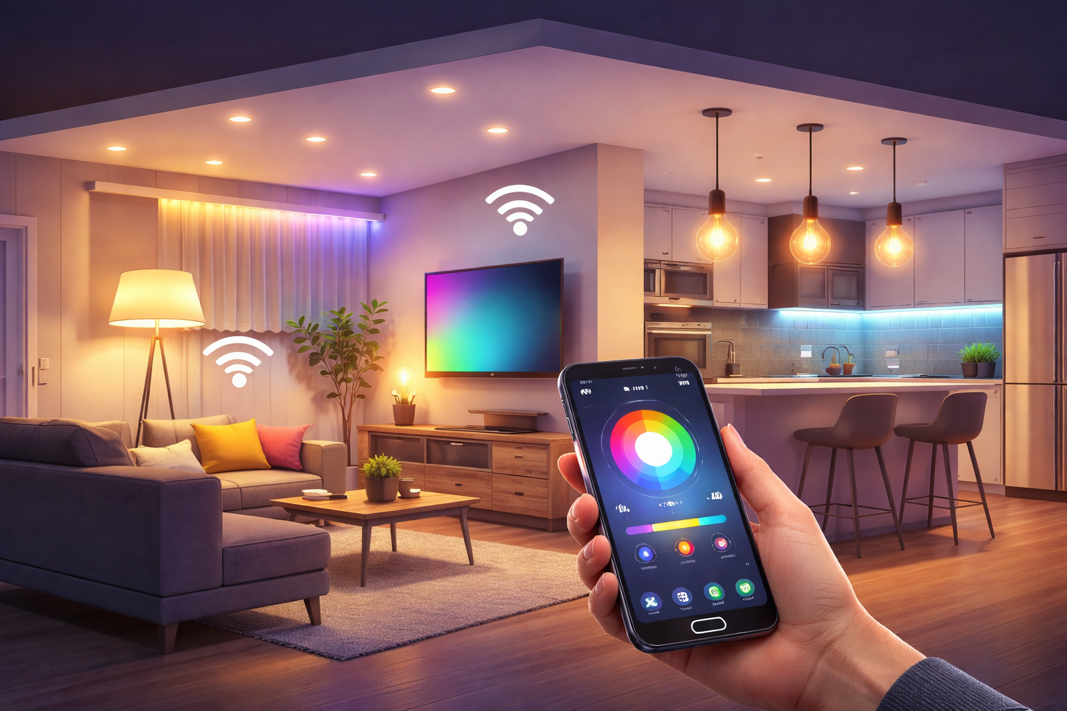 Smart lighting systems controlled via smartphone in modern home