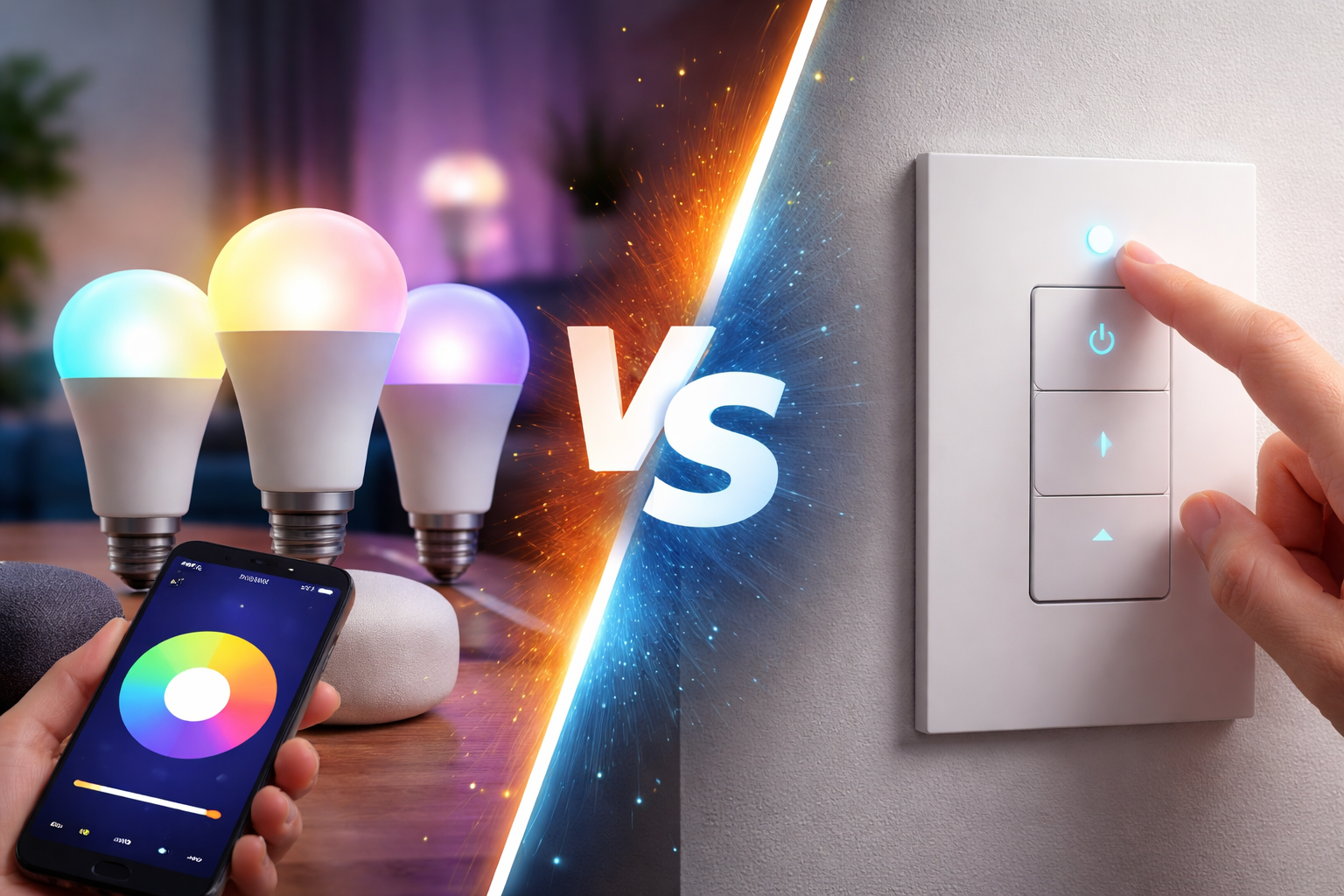 Smart bulbs and smart switches comparison in a modern home lighting setup