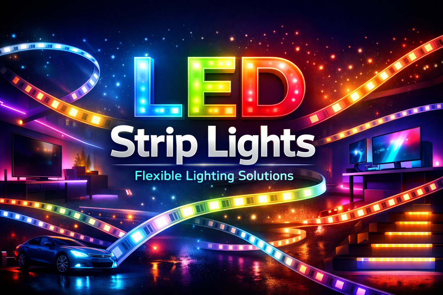 Colorful LED strip lights illuminating modern interior spaces.
