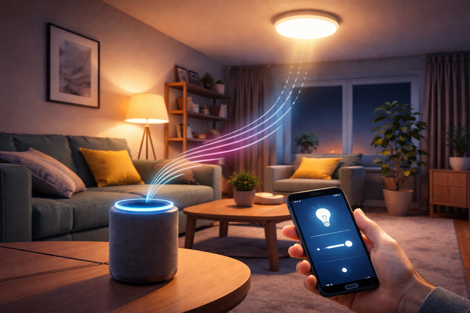Voice-controlled smart lighting in a modern living room