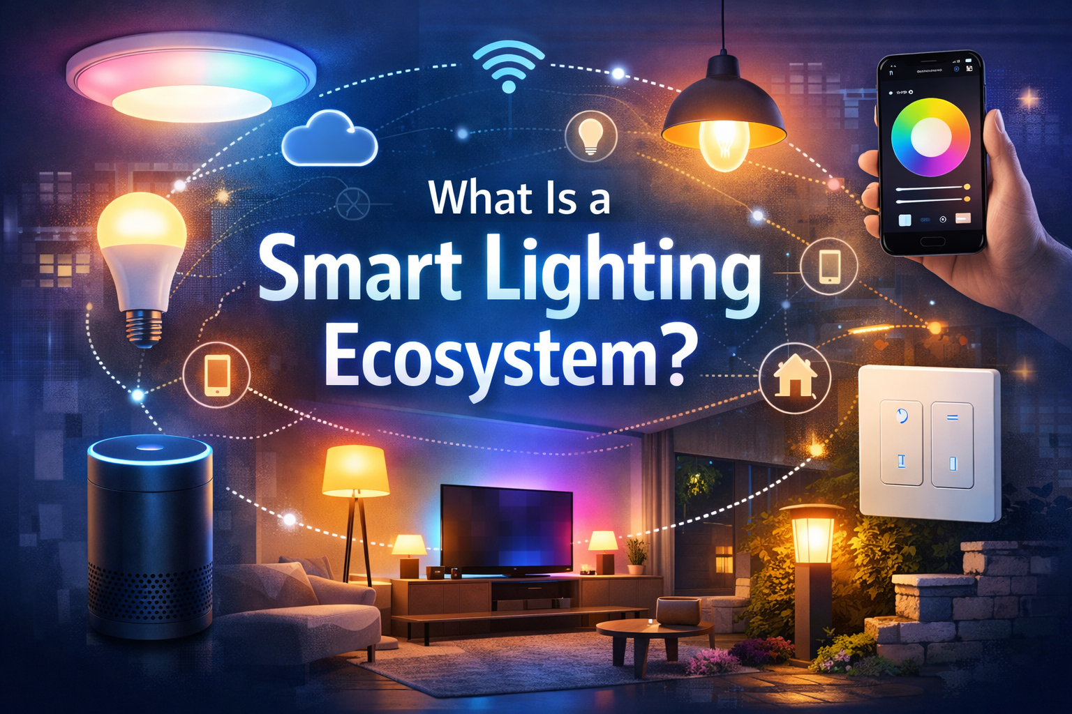 Smart lighting ecosystem showing connected smart bulbs, switches, and mobile app control