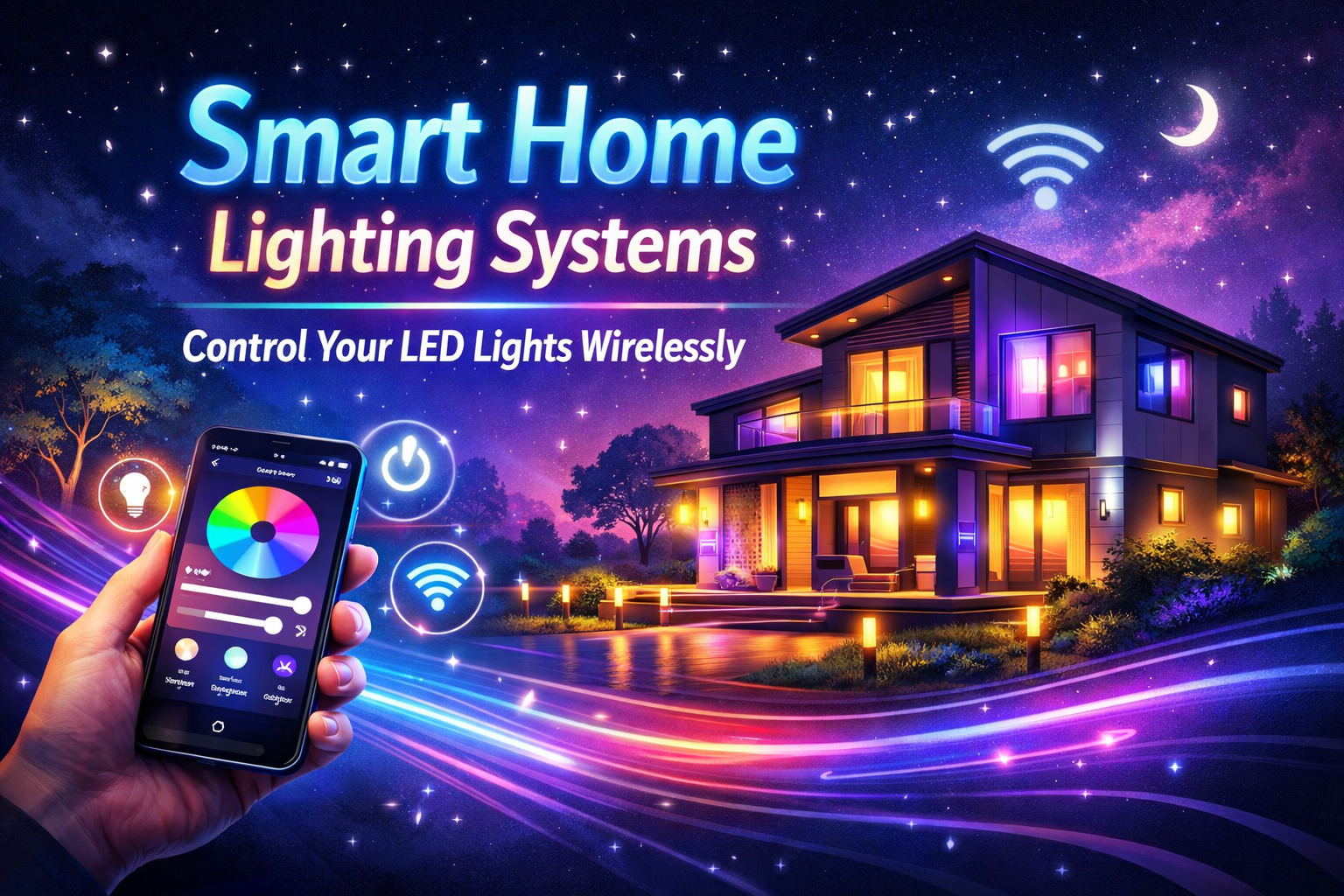 Smart home LED lighting system controlled wirelessly with smartphone app
