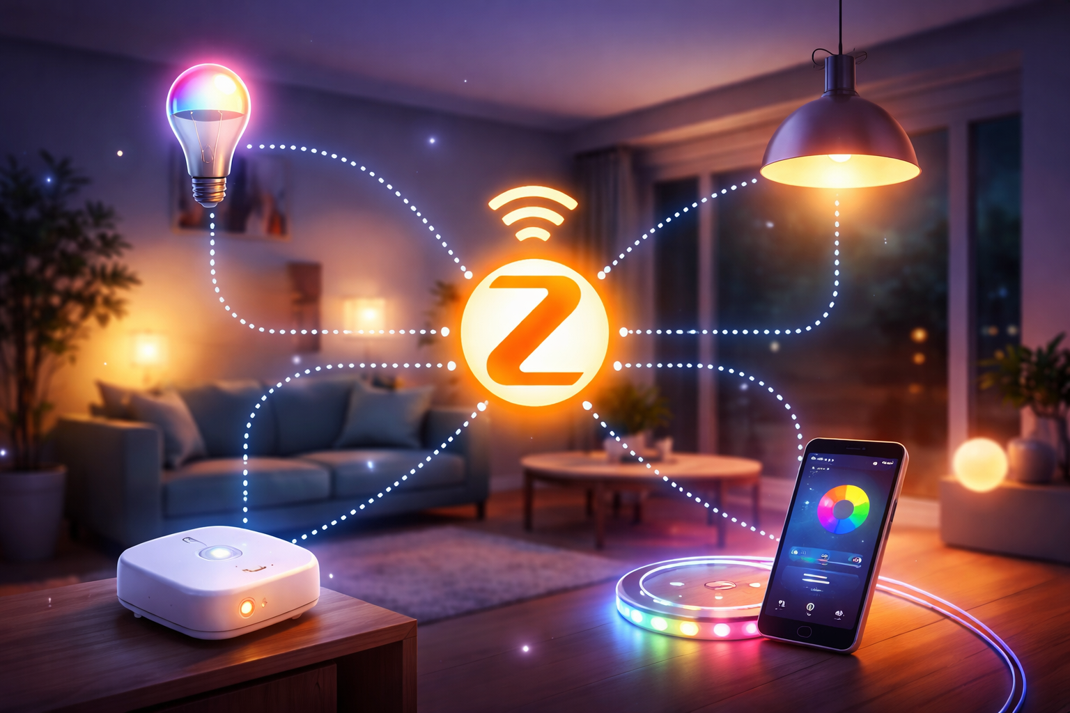 Zigbee smart lighting network connecting bulbs and hub in a modern home