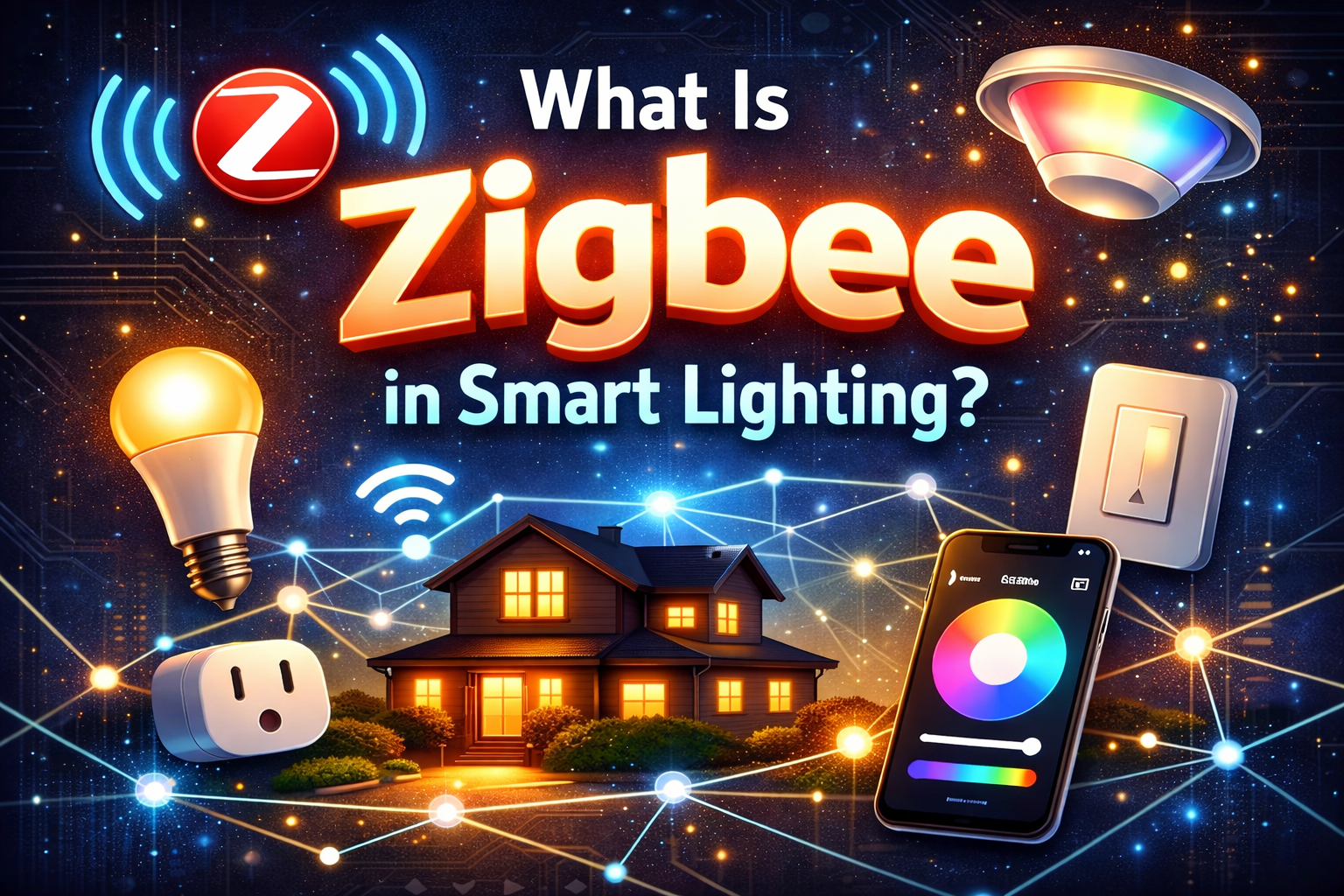 Zigbee smart lighting network connecting bulbs, switches, and smart home devices