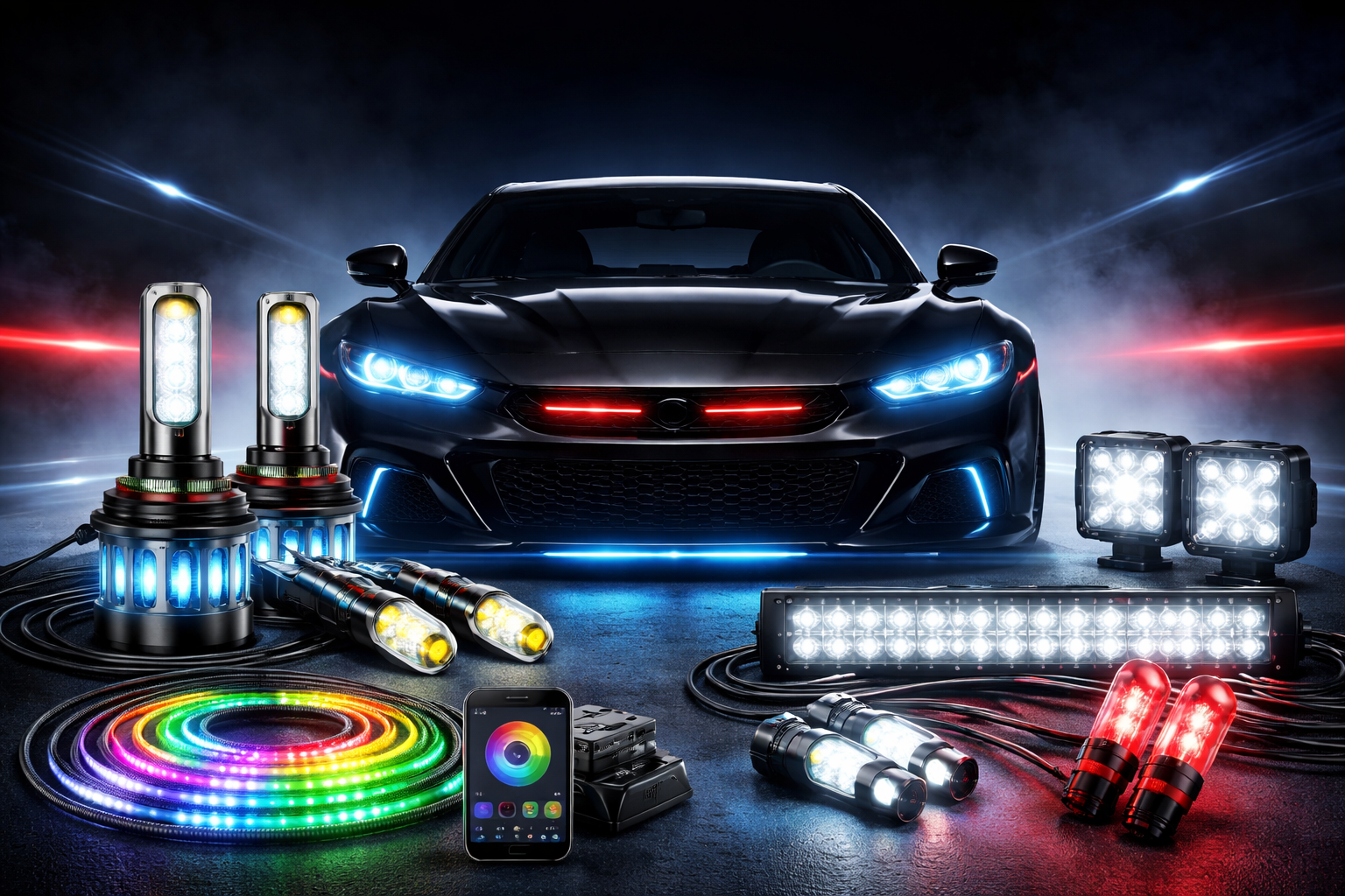 Car LED accessories with headlights, LED strips, and fog lights