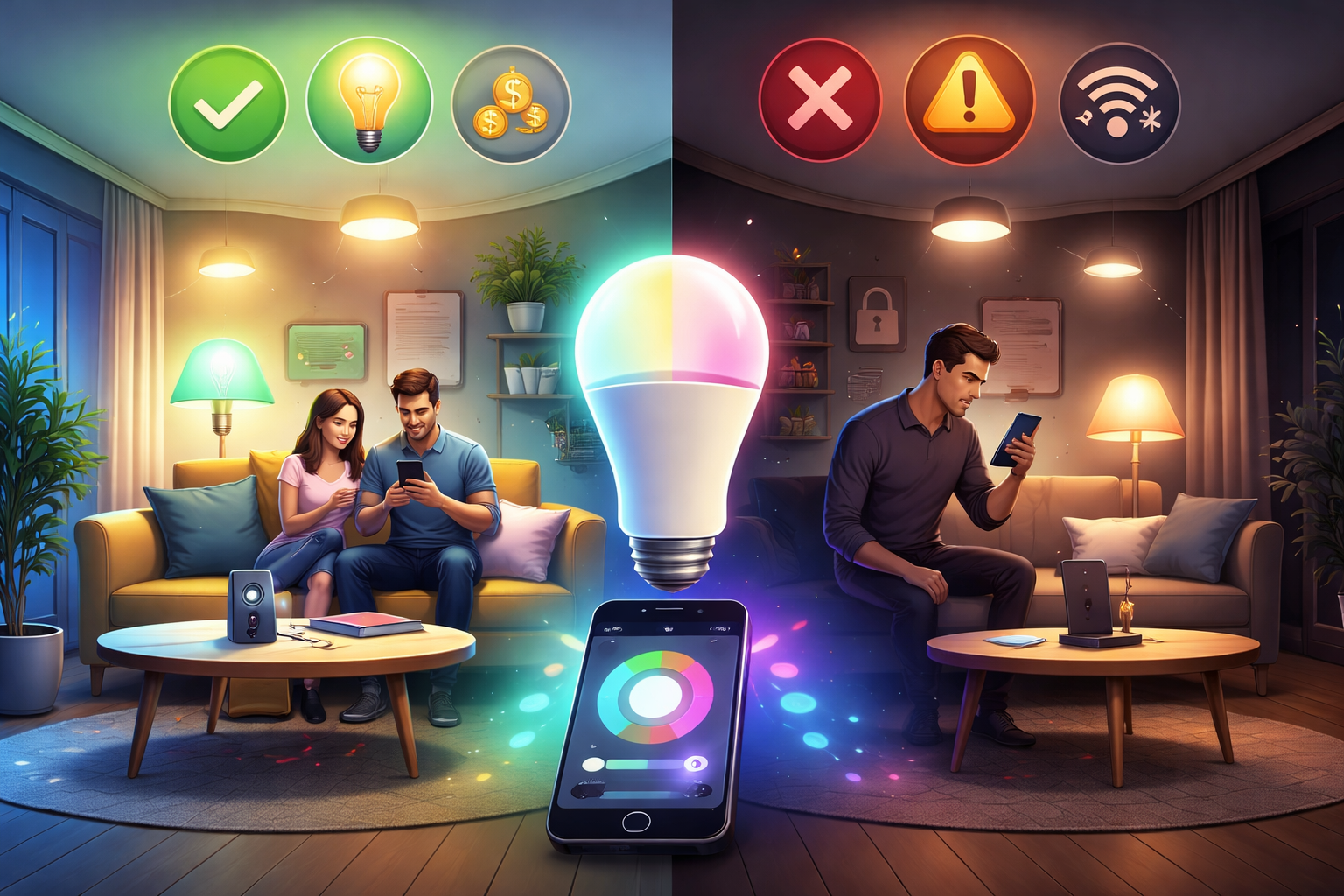Pros and cons of smart home lighting systems in a modern living room
