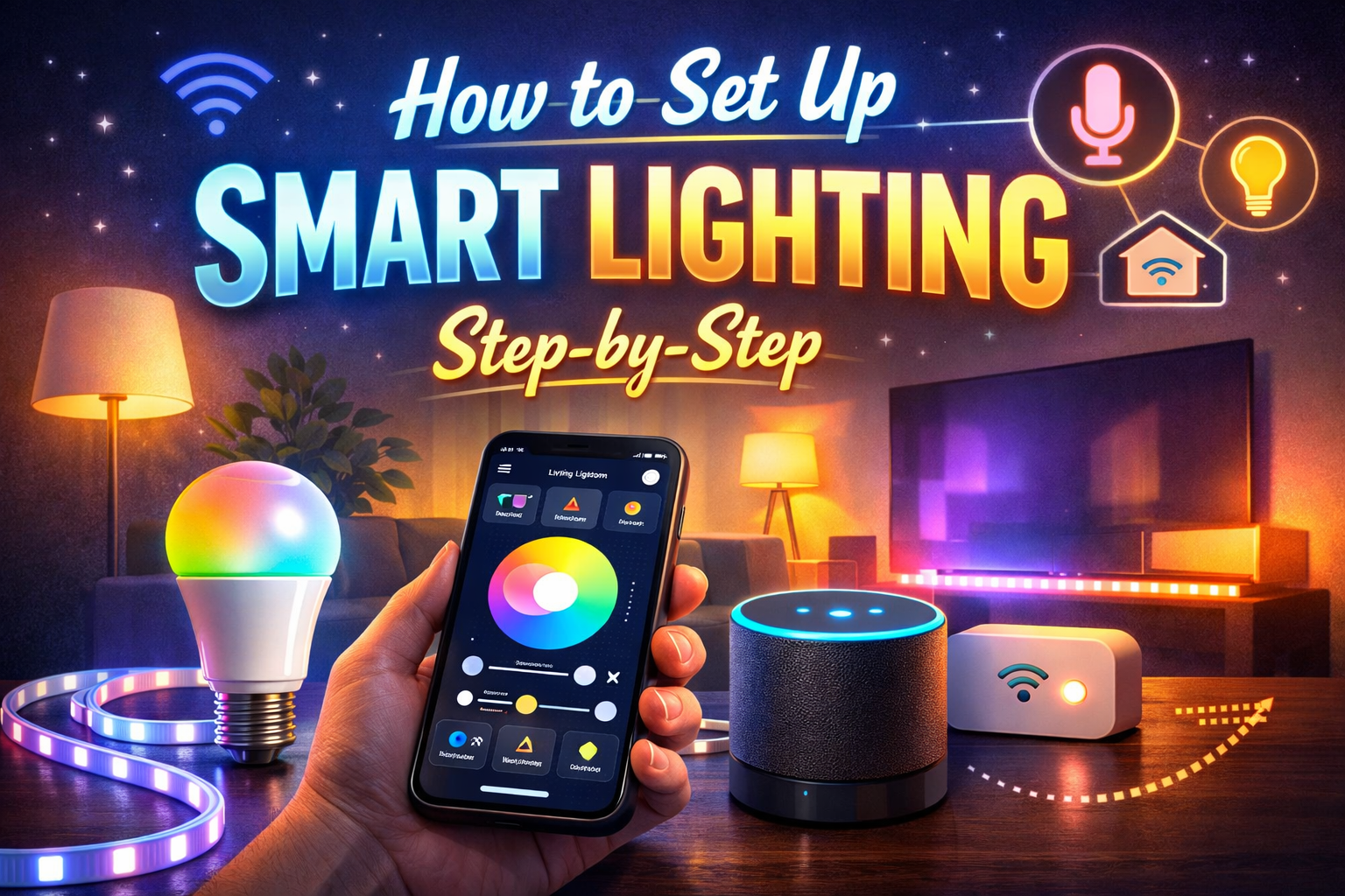 Smart lighting setup using a smartphone app, smart bulbs, and connected home devices
