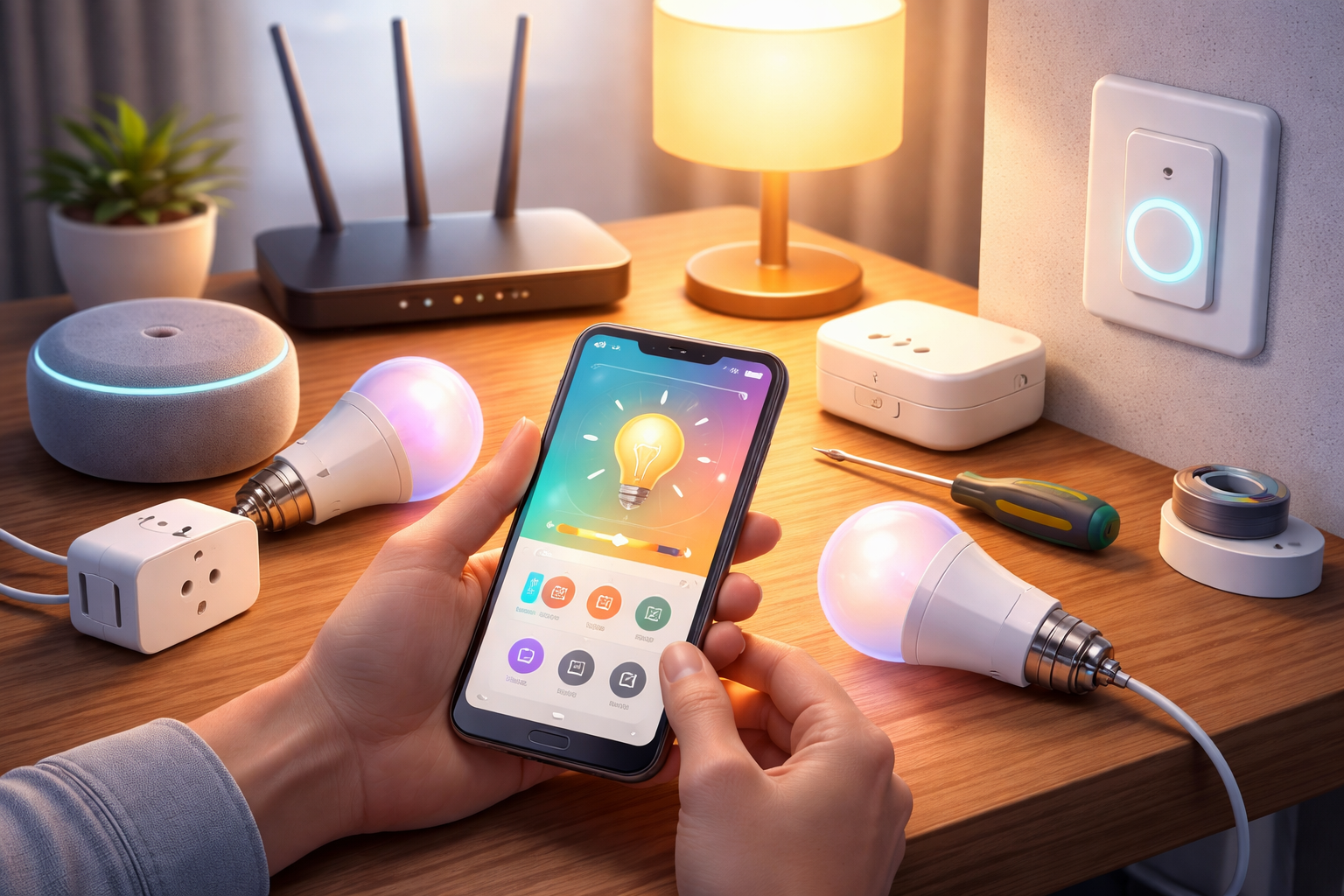 Smart lighting setup using a mobile app to control connected LED bulbs and devices