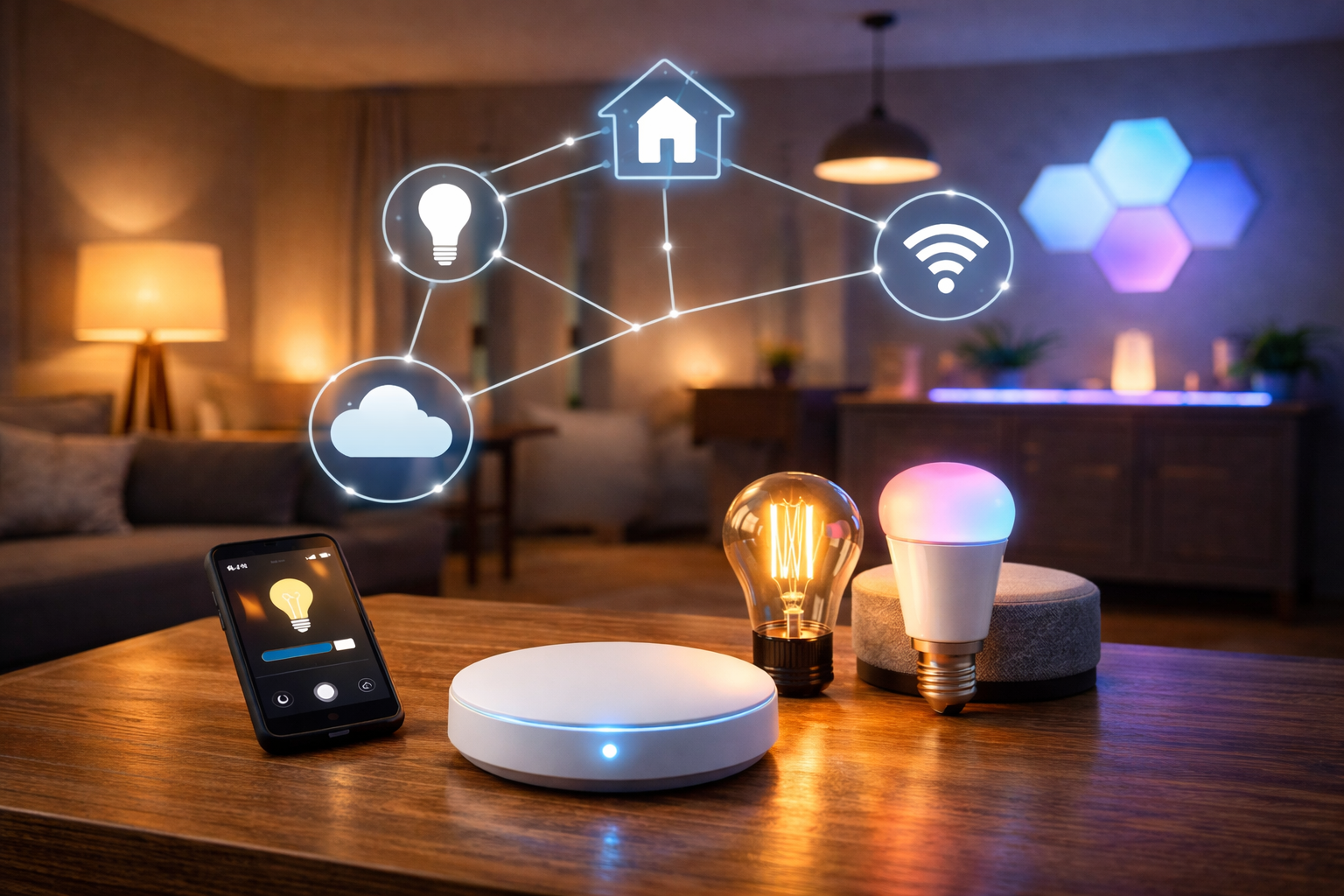 Smart lighting hub for lighting controlling connected bulbs in a modern living room