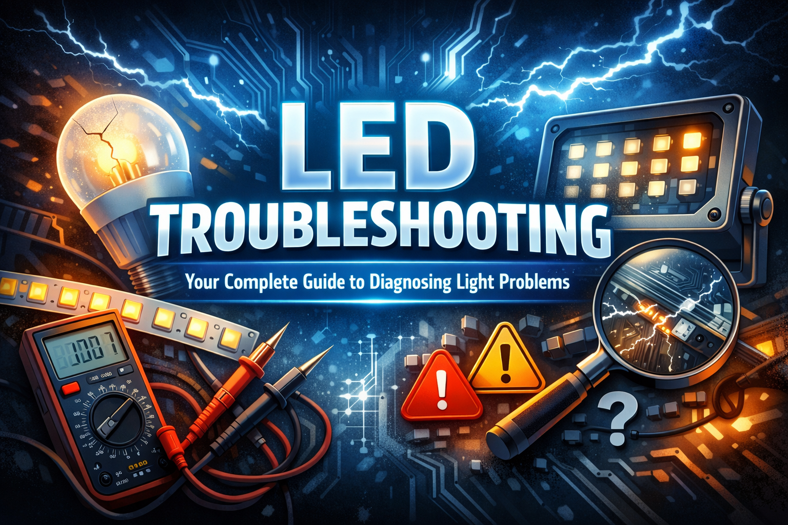 LED troubleshooting illustration with diagnostic tools and circuit background