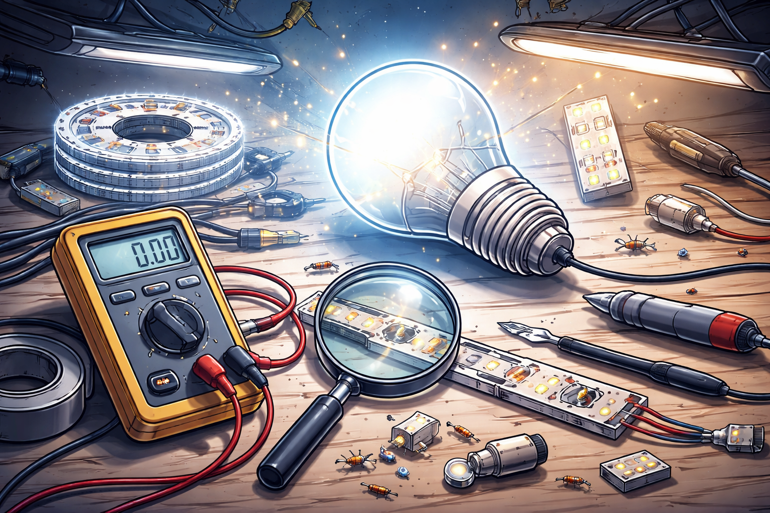 LED bulb troubleshooting setup with tools and damaged light strip