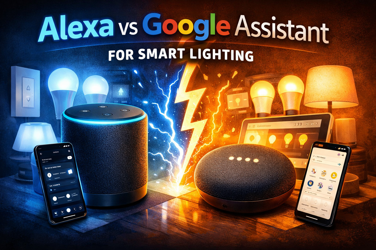 Alexa vs Google Assistant for smart lighting comparison with voice assistants controlling connected lights