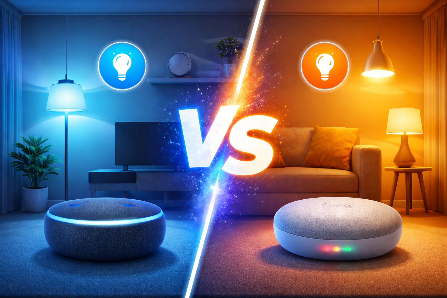 Smart lighting setup comparing Alexa vs Google Assistant for smart lighting in a modern living room