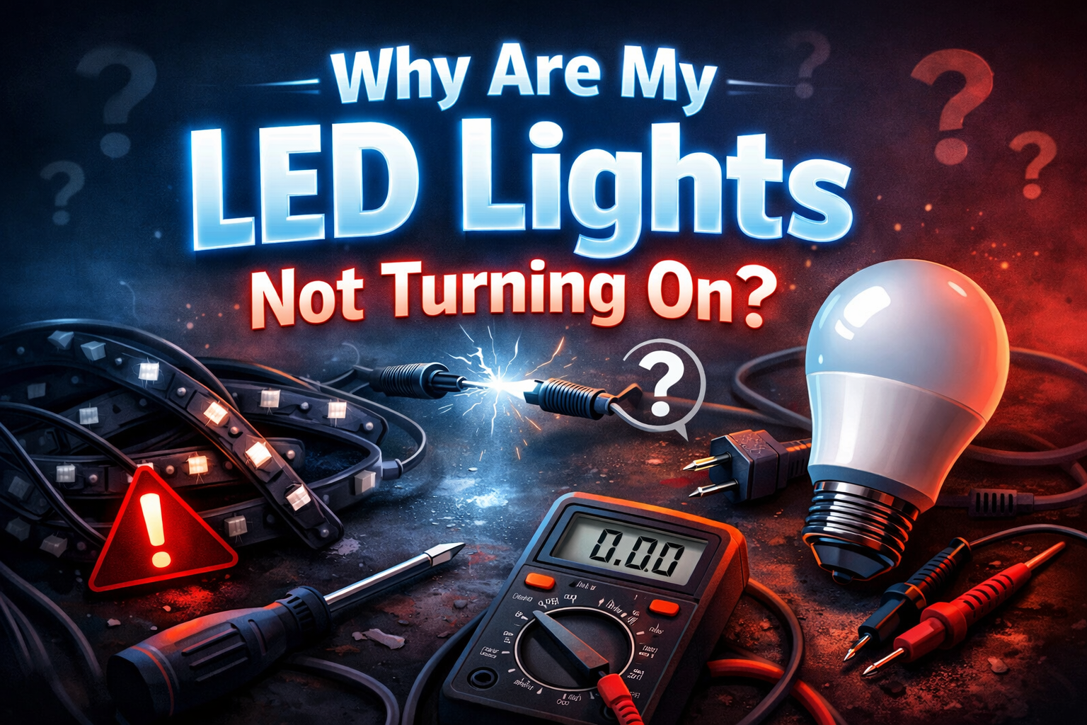 LED strip lights not turning on with multimeter testing and broken bulb, electrical troubleshooting scene