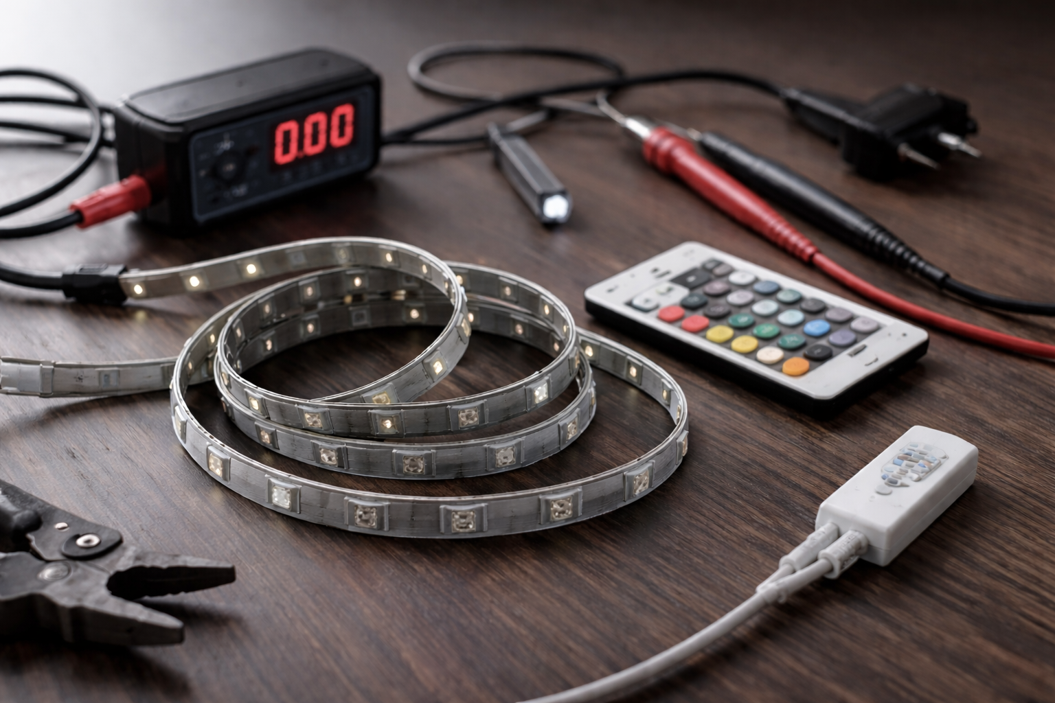 Unlit LED strip lights with controller and multimeter on wooden desk